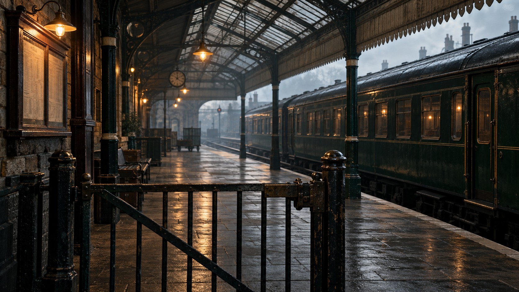 An empty railway platform in the mist at night